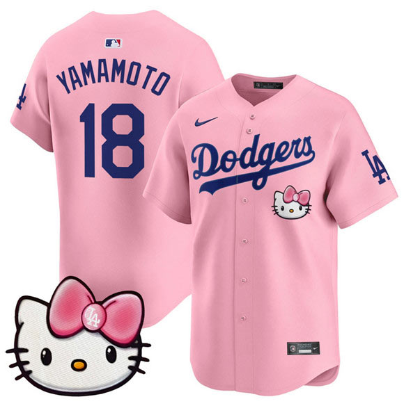 Men's Los Angeles Dodgers 18 Yoshinobu Yamamoto Pink 2025 Hello Kitty Vapor Limited Stitched Baseball Jersey