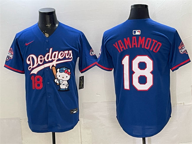 Men's Los Angeles Dodgers 18 Yoshinobu Yamamoto Royal Hello Kitty Night 2025 World Series Champions Patch Stitched Baseball Jersey