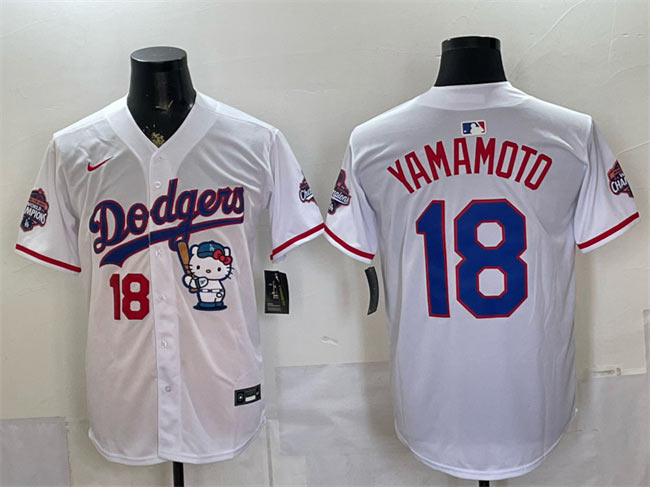 Men's Los Angeles Dodgers 18 Yoshinobu Yamamoto White Hello Kitty Night 2025 World Series Champions Patch Stitched Baseball Jersey