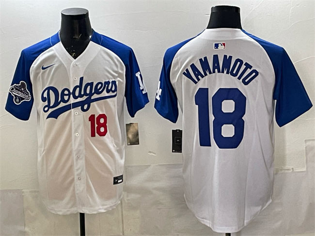 Men's Los Angeles Dodgers 18 Yoshinobu Yamamoto White Royal 2025 World Series Champions Patch Limited Stitched Baseball Jersey