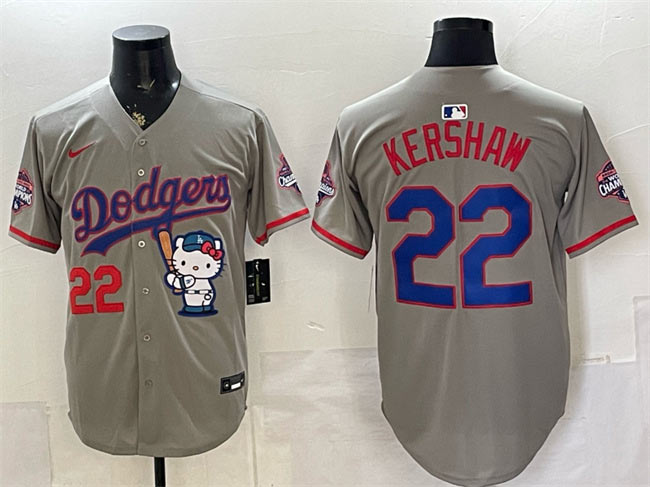 Men's Los Angeles Dodgers 22 Clayton Kershaw Grey Hello Kitty Night 2025 World Series Champions Patch Stitched Baseball Jersey Men's Los Angeles Dodgers 22 Clayton Kershaw Grey Hello Kitty Night 2025 World Series Champions Patch Stitched Baseball Jersey