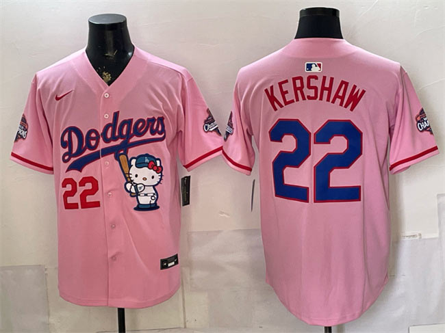 Men's Los Angeles Dodgers 22 Clayton Kershaw Pink Hello Kitty Night 2025 World Series Champions Patch Stitched Baseball Jersey