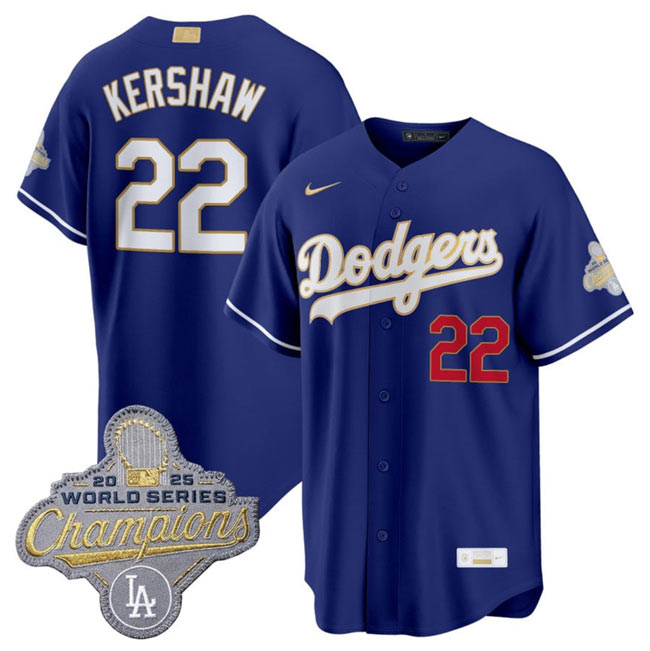 Men's Los Angeles Dodgers 22 Clayton Kershaw Royal 2026 Alternate Gold Collection Stadium Stitched Baseball Jersey