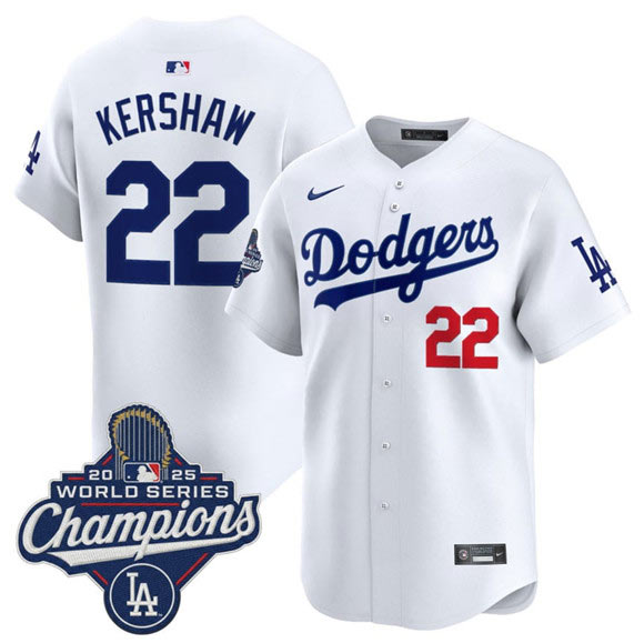 Men's Los Angeles Dodgers 22 Clayton Kershaw White 2025 Champions Stitched Baseball Jersey
