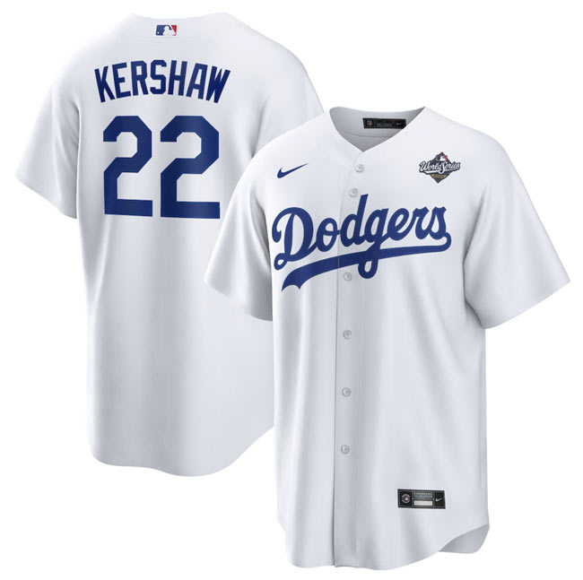Men's Los Angeles Dodgers 22 Clayton Kershaw White 2025 World Series Home Cool Base Stitched Baseball Jersey