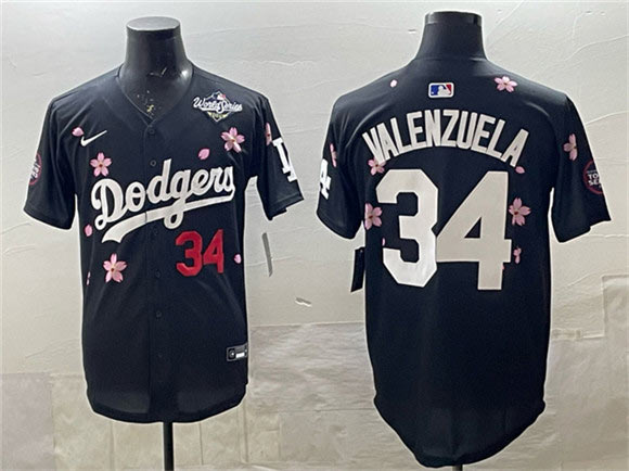 Men's Los Angeles Dodgers 34 Fernando Valenzuela Black 2025 World Series Patch Tokyo Series Limited Stitched Baseball Jersey