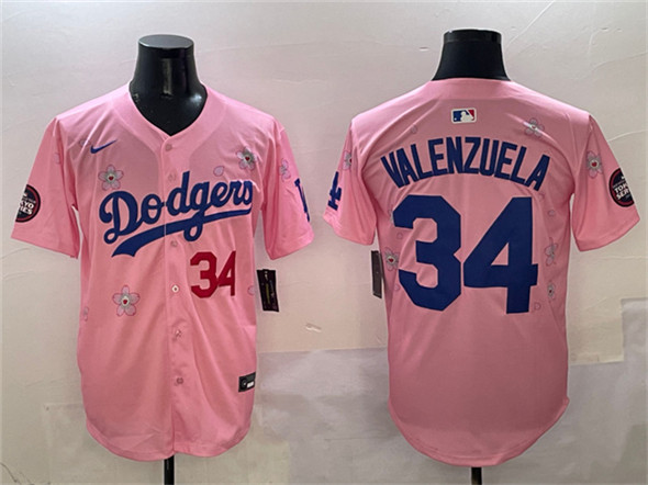 Men's Los Angeles Dodgers 34 Fernando Valenzuela Pink 2025 Tokyo Series Limited Stitched Baseball Jersey