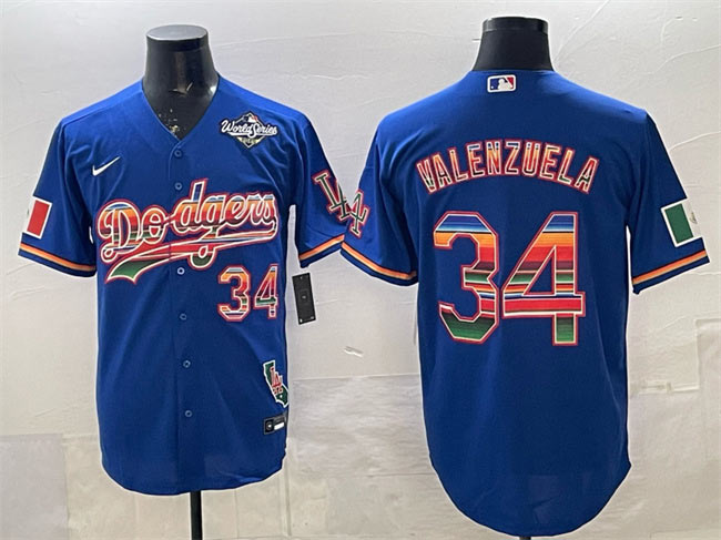 Men's Los Angeles Dodgers 34 Fernando Valenzuela Royal Mexico California Patch 2025 World Series Patch Stitched Baseball Jersey