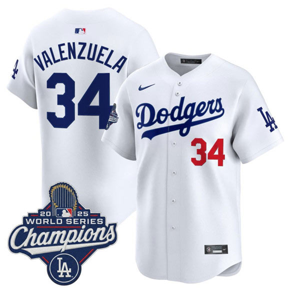 Men's Los Angeles Dodgers 34 Fernando Valenzuela White 2025 Champions Stitched Baseball Jersey
