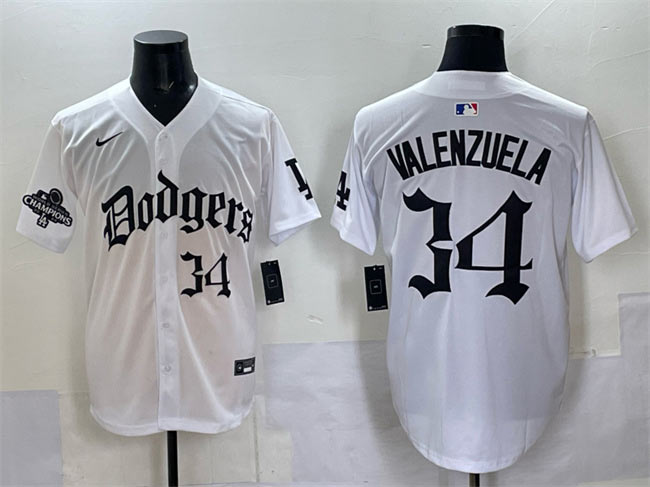 Men's Los Angeles Dodgers 34 Fernando Valenzuela White 2025 LA Gothic Style With 2024 World Series Champions Patch Vapor Premier Limited Stitched Baseball Jersey