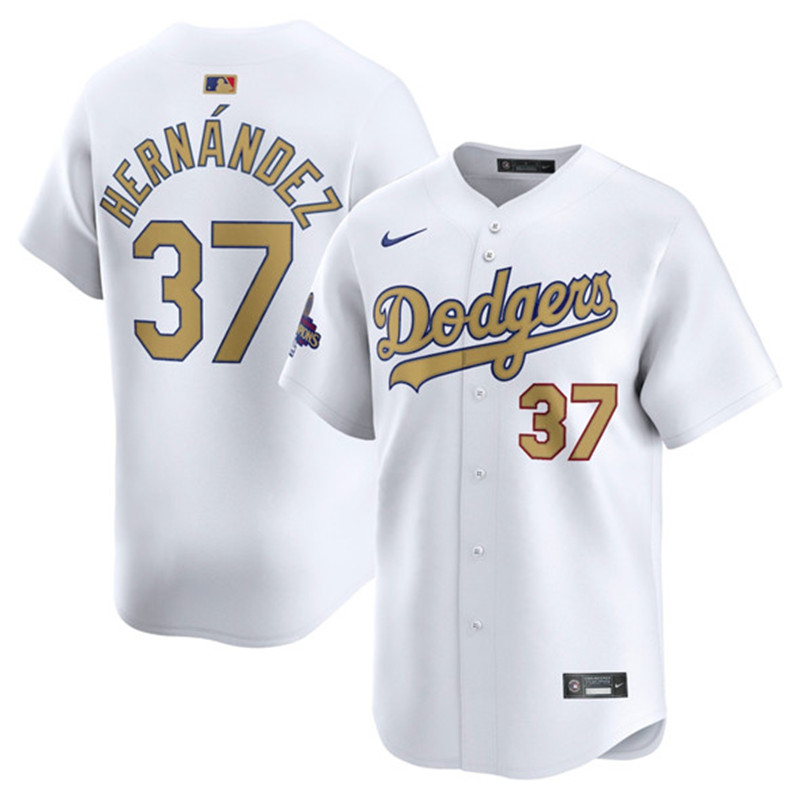 Men's Los Angeles Dodgers 37 Teoscar Hernandez White 2025 Gold Collection Limited Stitched Baseball Jersey
