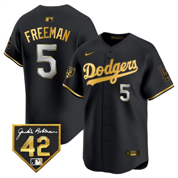 Men's Los Angeles Dodgers 5 Freddie Freeman Black Gold With Jackie Robinson Patch Limited Stitched Baseball Jersey