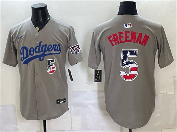 Men's Los Angeles Dodgers 5 Freddie Freeman Gray 250 Fourth of July Road Stitched Baseball Jersey Men's Los Angeles Dodgers 5 Freddie Freeman Gray 250 Fourth of July Road Stitched Baseball Jersey