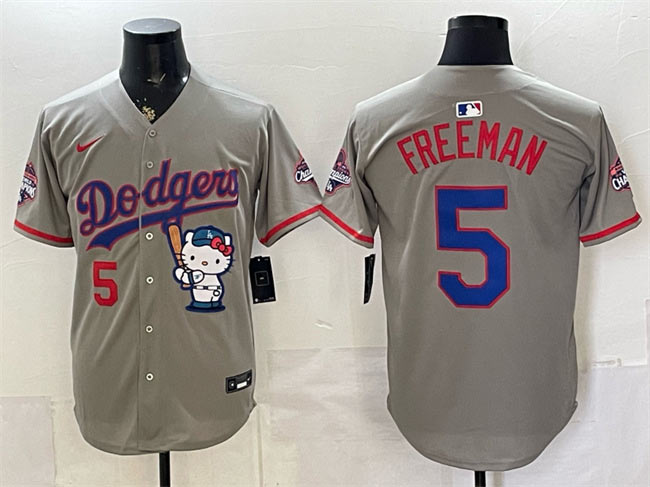Men's Los Angeles Dodgers 5 Freddie Freeman Grey Hello Kitty Night 2025 World Series Champions Patch Stitched Baseball Jersey Men's Los Angeles Dodgers 5 Freddie Freeman Grey Hello Kitty Night 2025 World Series Champions Patch Stitched Baseball Jersey