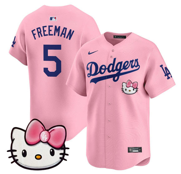 Men's Los Angeles Dodgers 5 Freddie Freeman Pink 2025 Hello Kitty Vapor Limited Stitched Baseball Jersey