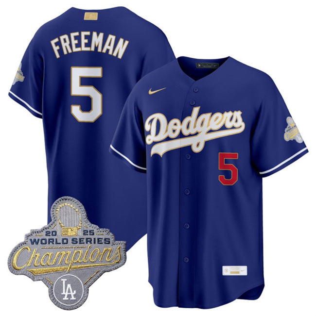 Men's Los Angeles Dodgers 5 Freddie Freeman Royal 2026 Alternate Gold Collection Stadium Stitched Baseball Jersey