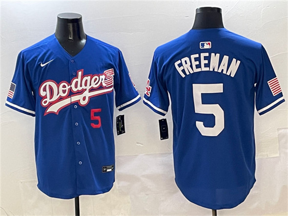 Men's Los Angeles Dodgers 5 Freddie Freeman Royal With American Flag Patch Limited Stitched Baseball Jersey