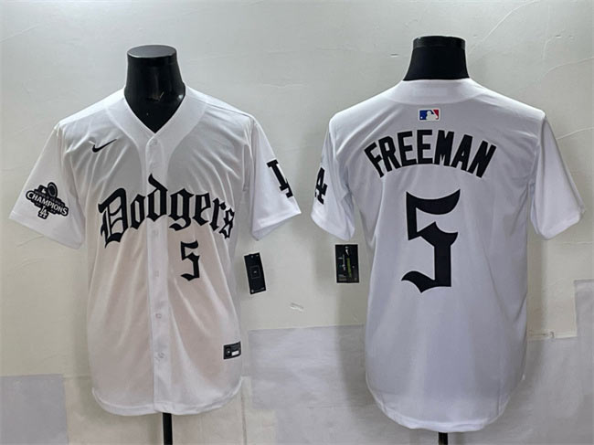 Men's Los Angeles Dodgers 5 Freddie Freeman White 2025 LA Gothic Style With 2024 World Series Champions Patch Vapor Premier Limited Stitched Baseball Jersey