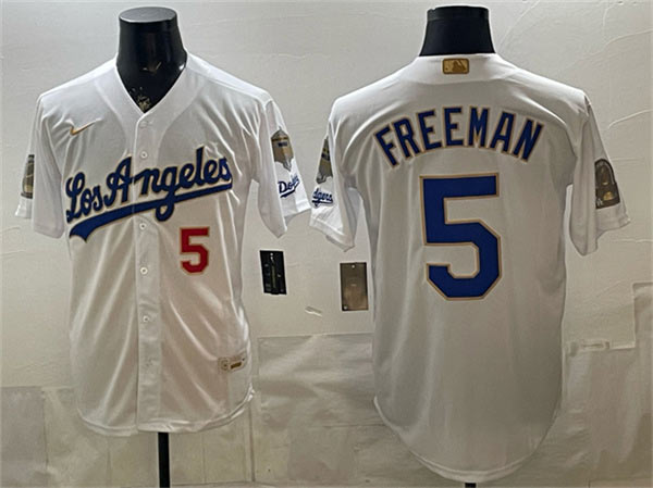 Men's Los Angeles Dodgers 5 Freddie Freeman White 2026 Gold Collection 9x & B2B Champs Patch Stitched Baseball Jersey
