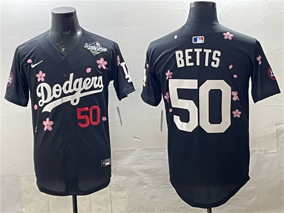 Men's Los Angeles Dodgers 50 Mookie Betts Black 2025 World Series Patch Tokyo Series Limited Stitched Baseball Jersey