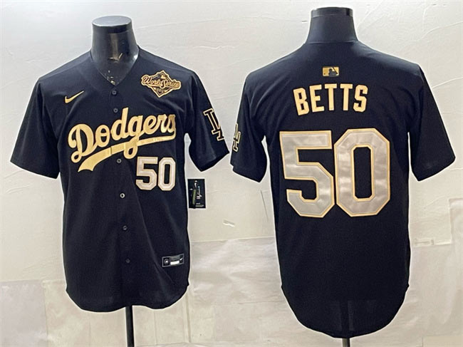 Men's Los Angeles Dodgers 50 Mookie Betts Black Gold 2025 World Series Patch Limited Stitched Baseball Jersey
