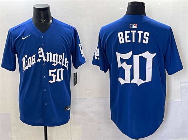 Men's Los Angeles Dodgers 50 Mookie Betts Blue 2025 LA Gothic Style With Fernando Patch Vapor Premier Limited Stitched Baseball Jersey