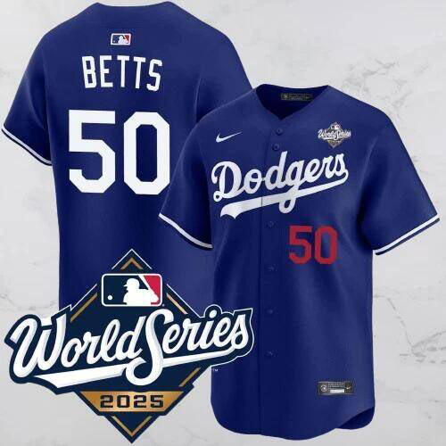 Men's Los Angeles Dodgers 50 Mookie Betts Blue 2025 World Series Vapor Limited Stitched Jersey