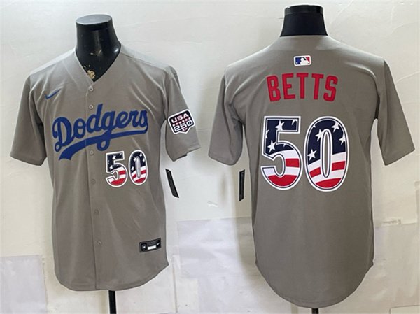 Men's Los Angeles Dodgers 50 Mookie Betts Gray 250 Fourth of July Road Stitched Baseball Jersey Men's Los Angeles Dodgers 50 Mookie Betts Gray 250 Fourth of July Road Stitched Baseball Jersey