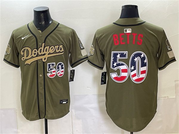 Men's Los Angeles Dodgers 50 Mookie Betts Olive 2026 Armed Forces Day 250 Fourth of July Stitched Baseball Jersey Men's Los Angeles Dodgers 50 Mookie Betts Olive 2026 Armed Forces Day 250 Fourth of July Stitched Baseball Jersey