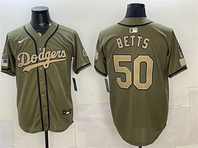 Men's Los Angeles Dodgers 50 Mookie Betts Olive 2026 Armed Forces Day Stitched Baseball Jersey