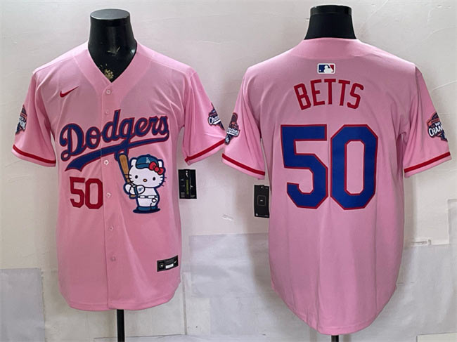 Men's Los Angeles Dodgers 50 Mookie Betts Pink Hello Kitty Night 2025 World Series Champions Patch Stitched Baseball Jersey