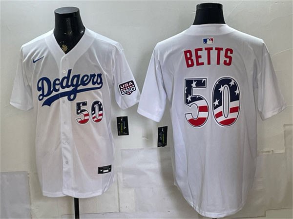 Men's Los Angeles Dodgers 50 Mookie Betts White 250 Fourth of July Home Stitched Baseball Jersey Men's Los Angeles Dodgers 50 Mookie Betts White 250 Fourth of July Home Stitched Baseball Jersey