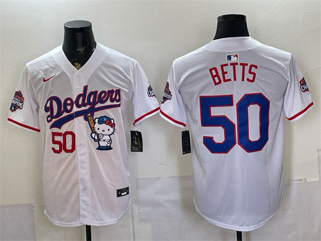 Men's Los Angeles Dodgers 50 Mookie Betts White Hello Kitty Night 2025 World Series Champions Patch Stitched Baseball Jersey