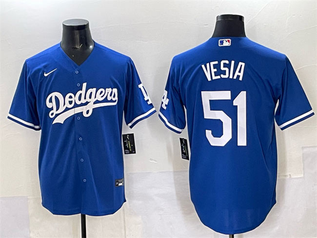 Men's Los Angeles Dodgers 51 Alex Vesia Blue Cool Base Stitched Baseball Jersey