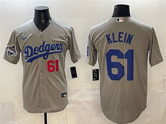 Men's Los Angeles Dodgers 61 Will Klein Gray 2025 World Series Champions Patch Cool Base Limited Stitched Baseball Jersey