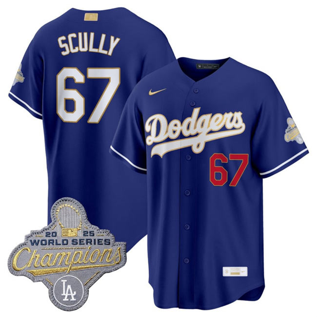 Men's Los Angeles Dodgers 67 Vin Scully Royal 2026 Alternate Gold Collection Stadium Stitched Baseball Jersey
