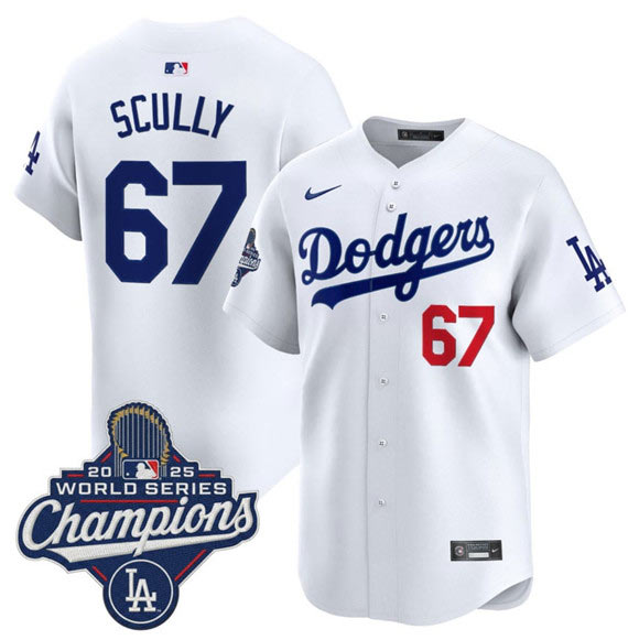Men's Los Angeles Dodgers 67 Vin Scully White 2025 Champions Stitched Baseball Jersey