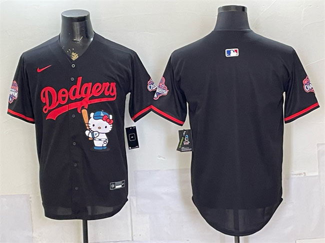 Men's Los Angeles Dodgers Blank Black Hello Kitty Night 2025 World Series Champions Patch Stitched Baseball Jersey