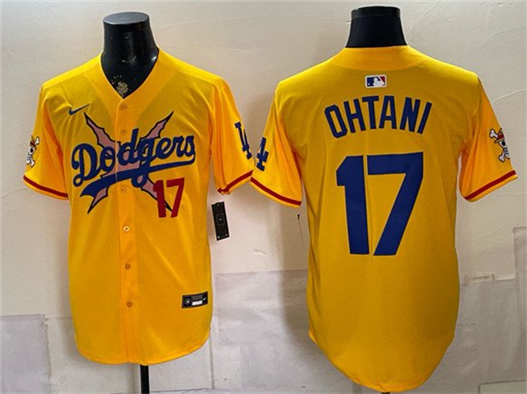 Men's Los Angeles Dodgers x One Piece 17 Shohei Ohtani Yellow Vapor Premier Limited Stitched Baseball Jersey Men's Los Angeles Dodgers x One Piece 17 Shohei Ohtani Yellow Vapor Premier Limited Stitched Baseball Jersey