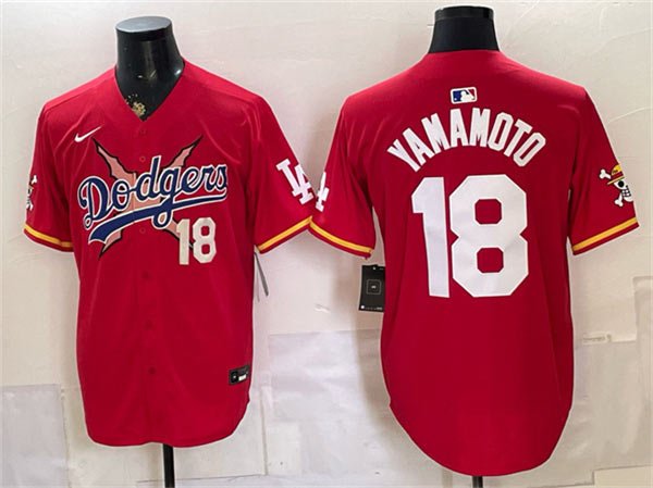 Men's Los Angeles Dodgers x One Piece 18 Yoshinobu Yamamoto Red Vapor Premier Limited Stitched Baseball Jersey Men's Los Angeles Dodgers x One Piece 18 Yoshinobu Yamamoto Red Vapor Premier Limited Stitched Baseball Jersey