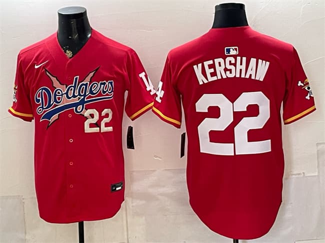 Men's Los Angeles Dodgers x One Piece 22 Clayton Kershaw Red Vapor Premier Limited Stitched Baseball Jersey