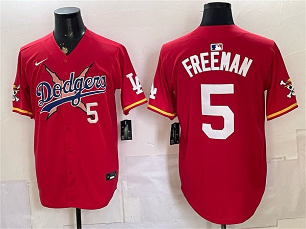 Men's Los Angeles Dodgers x One Piece 5 Freddie Freeman Red Vapor Premier Limited Stitched Baseball Jersey Men's Los Angeles Dodgers x One Piece 5 Freddie Freeman Red Vapor Premier Limited Stitched Baseball Jersey