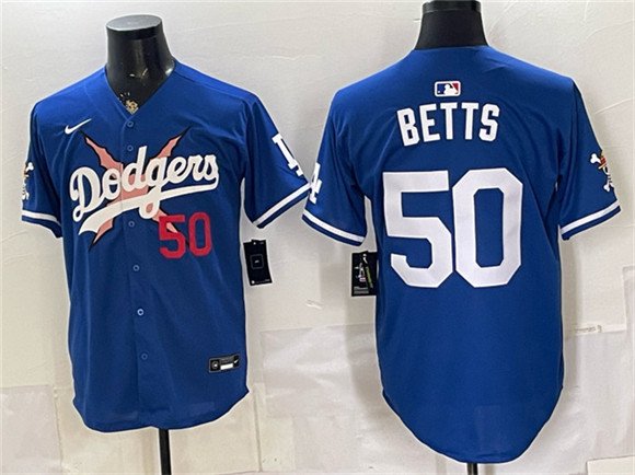 Men's Los Angeles Dodgers x One Piece 50 Mookie Betts Royal Vapor Premier Limited Stitched Baseball Jersey
