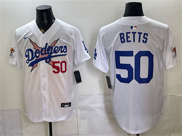 Men's Los Angeles Dodgers x One Piece 50 Mookie Betts White Vapor Premier Limited Stitched Baseball Jersey Men's Los Angeles Dodgers x One Piece 50 Mookie Betts White Vapor Premier Limited Stitched Baseball Jersey