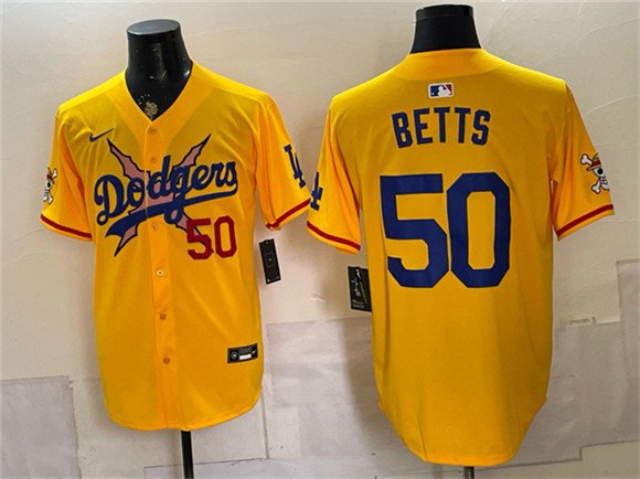 Men's Los Angeles Dodgers x One Piece 50 Mookie Betts Yellow Vapor Premier Limited Stitched Baseball Jersey Men's Los Angeles Dodgers x One Piece 50 Mookie Betts Yellow Vapor Premier Limited Stitched Baseball Jersey