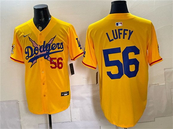 Men's Los Angeles Dodgers x One Piece 56 Luffy Yellow Vapor Premier Limited Stitched Baseball Jersey Men's Los Angeles Dodgers x One Piece 56 Luffy Yellow Vapor Premier Limited Stitched Baseball Jersey