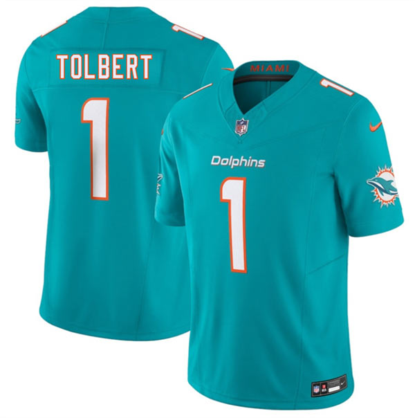 Men's Miami Dolphins 1 Jalen Tolbert Aqua 2026 F.U.S.E. Vapor Limited Football Stitched Jersey