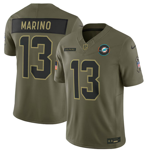 Men's Miami Dolphins 13 Dan Marino Olive 2025 Salute to Service Limited Football Stitched Jersey