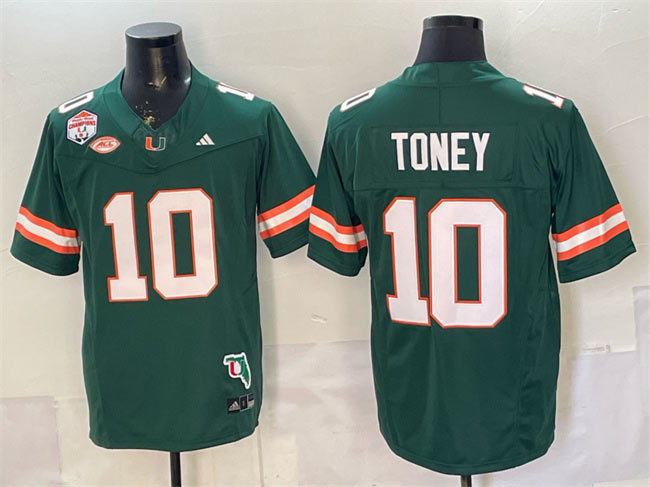 Men's Miami Hurricanes 10 Malachi Toney Green F.U.S.E. Fiesta Bowl Champions & Florida Patch Stitched Football Jersey