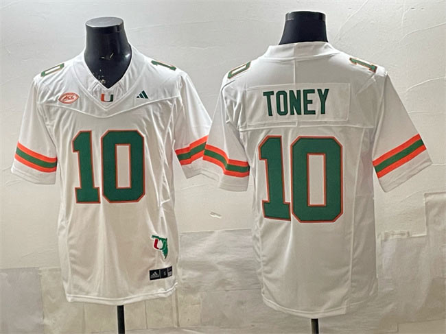 Men's Miami Hurricanes 10 Malachi Toney White F.U.S.E. Florida Patch Stitched Football Jersey